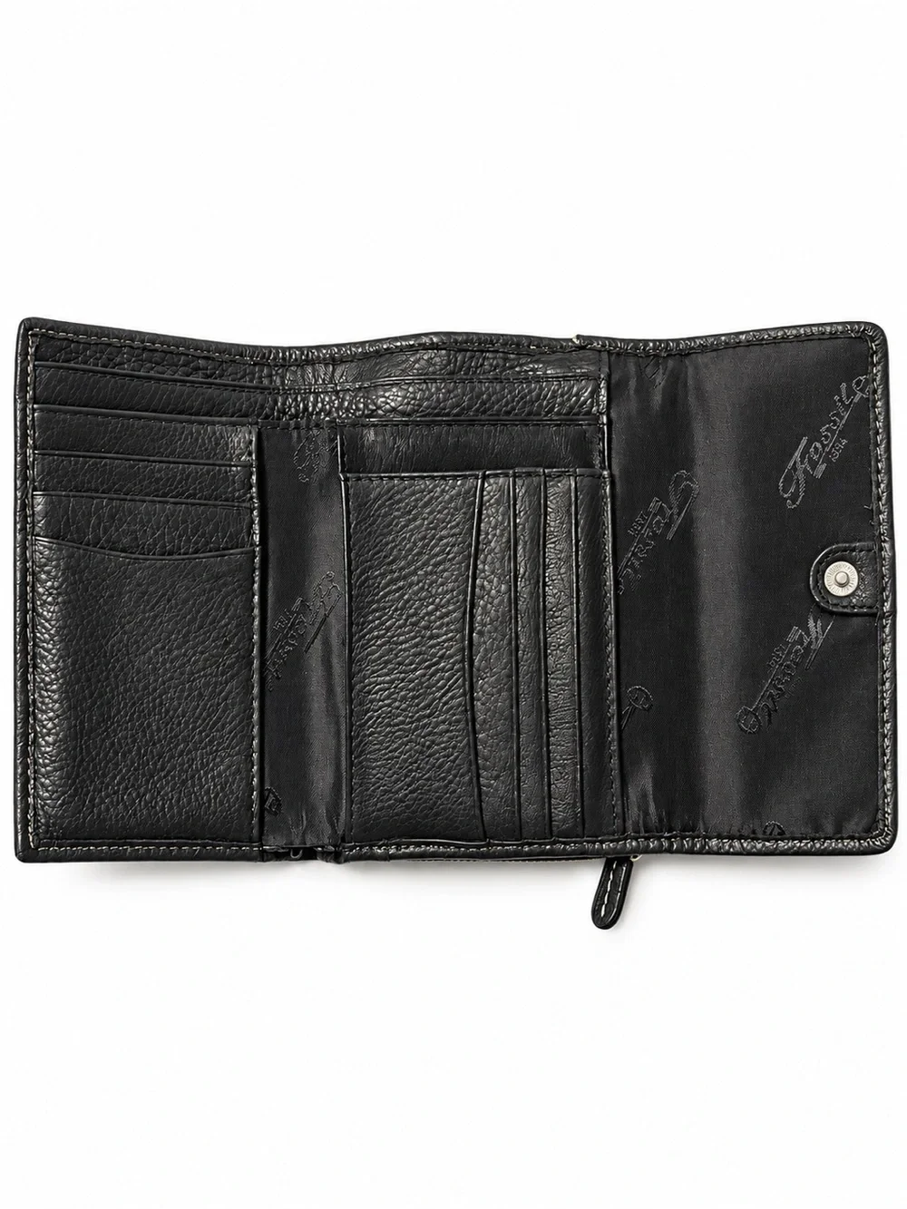EUC Fossil Black Pebbled Leather Trifold Wallet Contrast Stitching